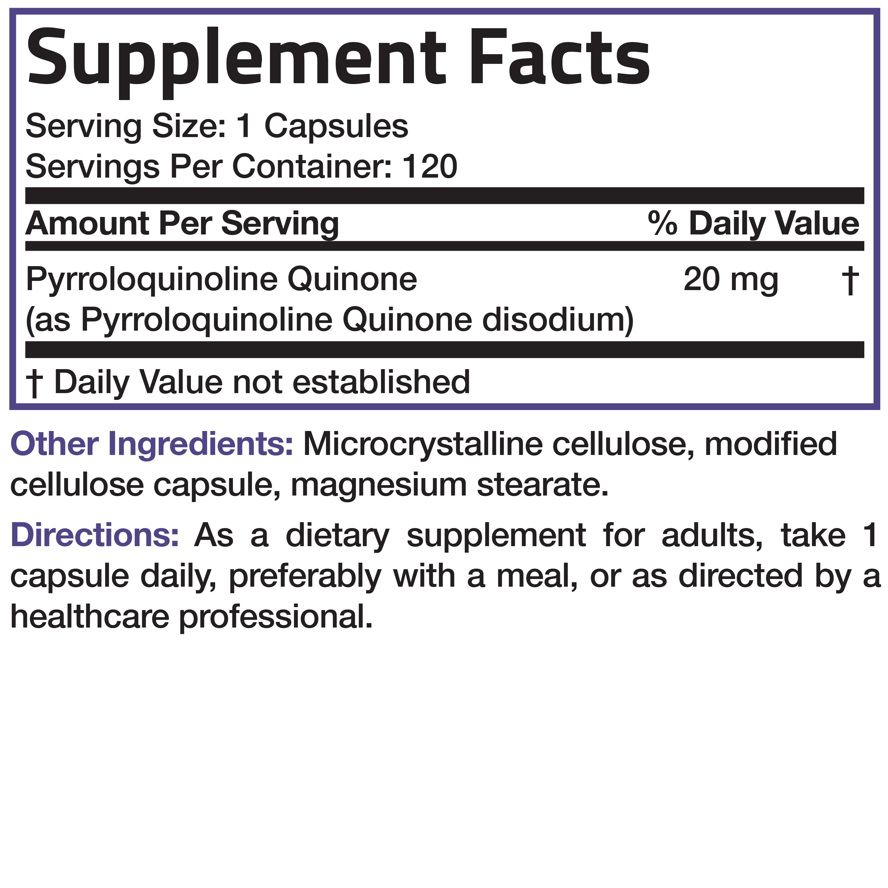 PQQ Vitality Pyrroloquinoline Quinone - 20 mg - 120 Vegetarian Capsules view 4 of 4