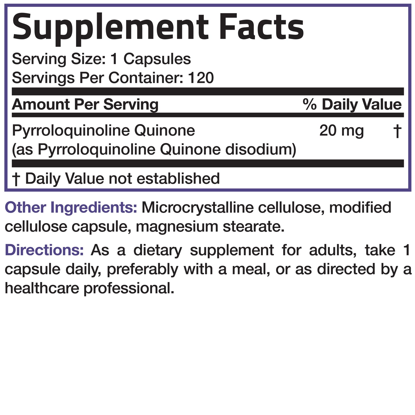 PQQ Vitality Pyrroloquinoline Quinone - 20 mg - 120 Vegetarian Capsules