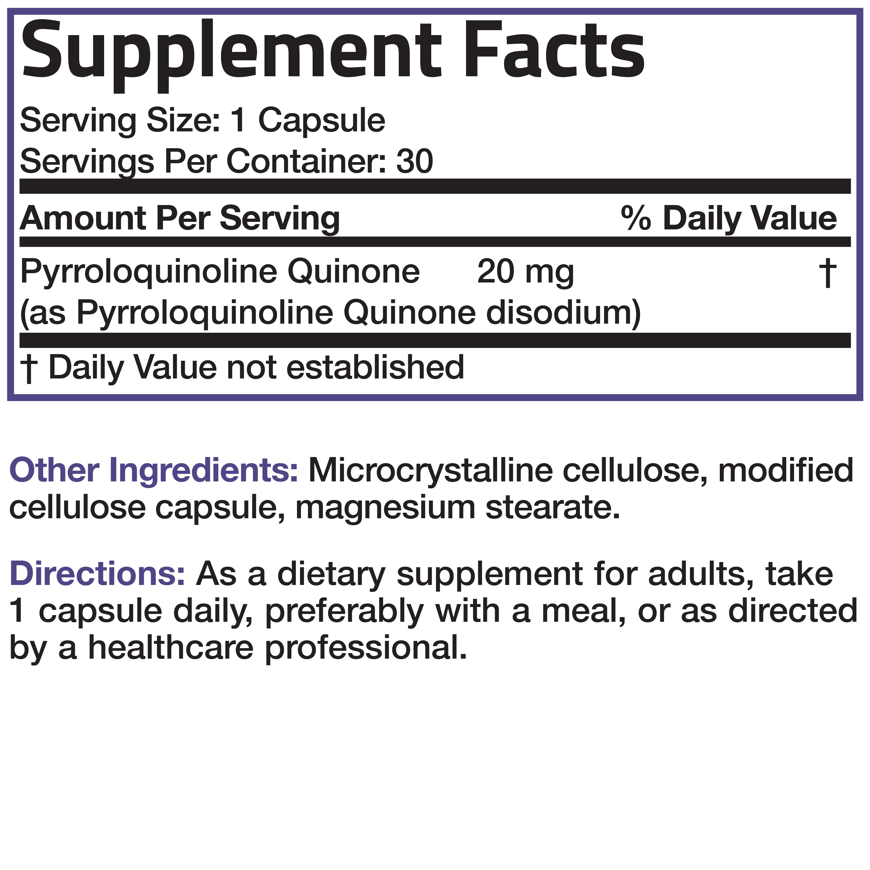 PQQ Vitality Pyrroloquinoline Quinone - 20 mg - 30 Vegetarian Capsules view 4 of 4