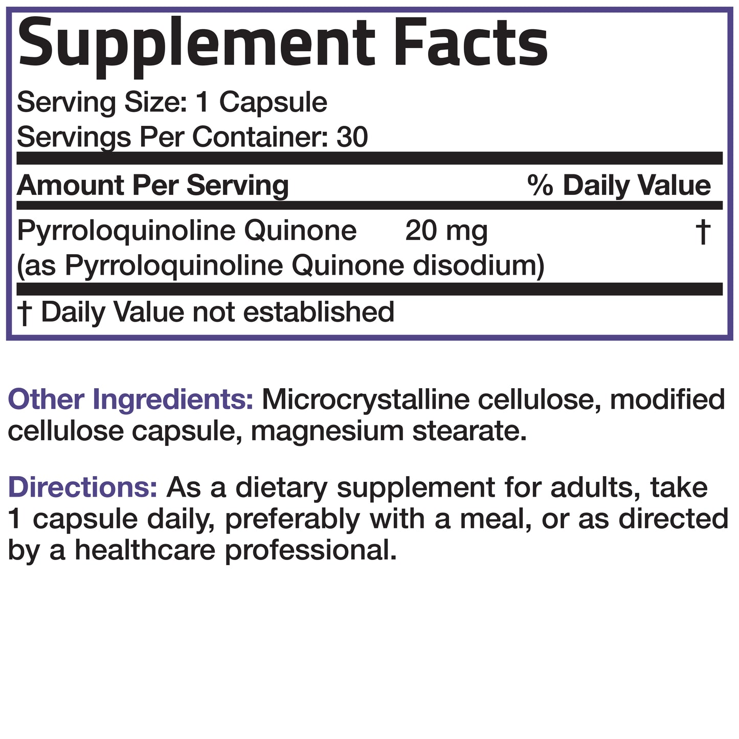 PQQ Vitality Pyrroloquinoline Quinone - 20 mg - 30 Vegetarian Capsules