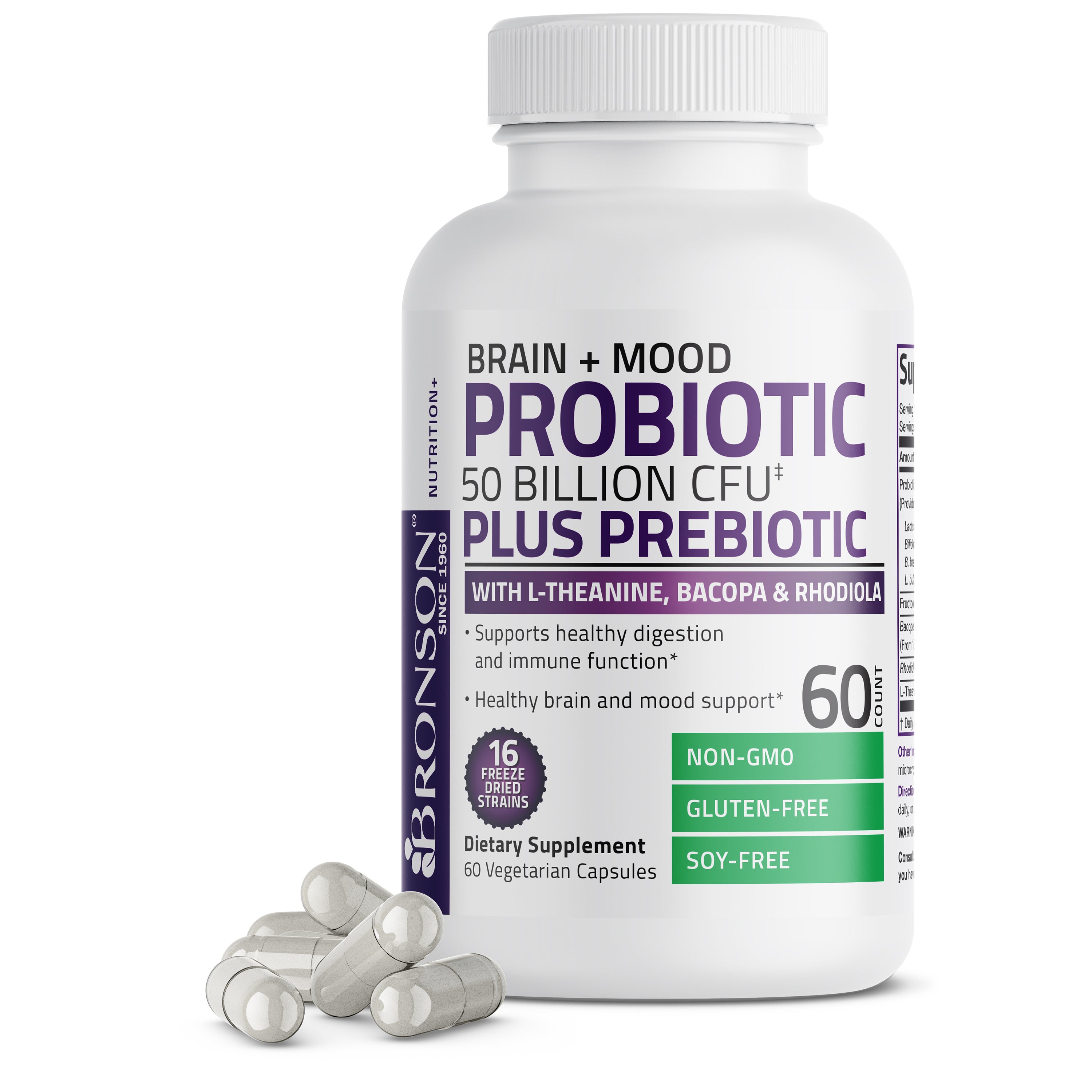 Probiotic Plus Prebiotic with L-Theanine, Bacopa & Rhodiola - 50 Billion CFU - 60 Vegetarian Capsules view 3 of 7