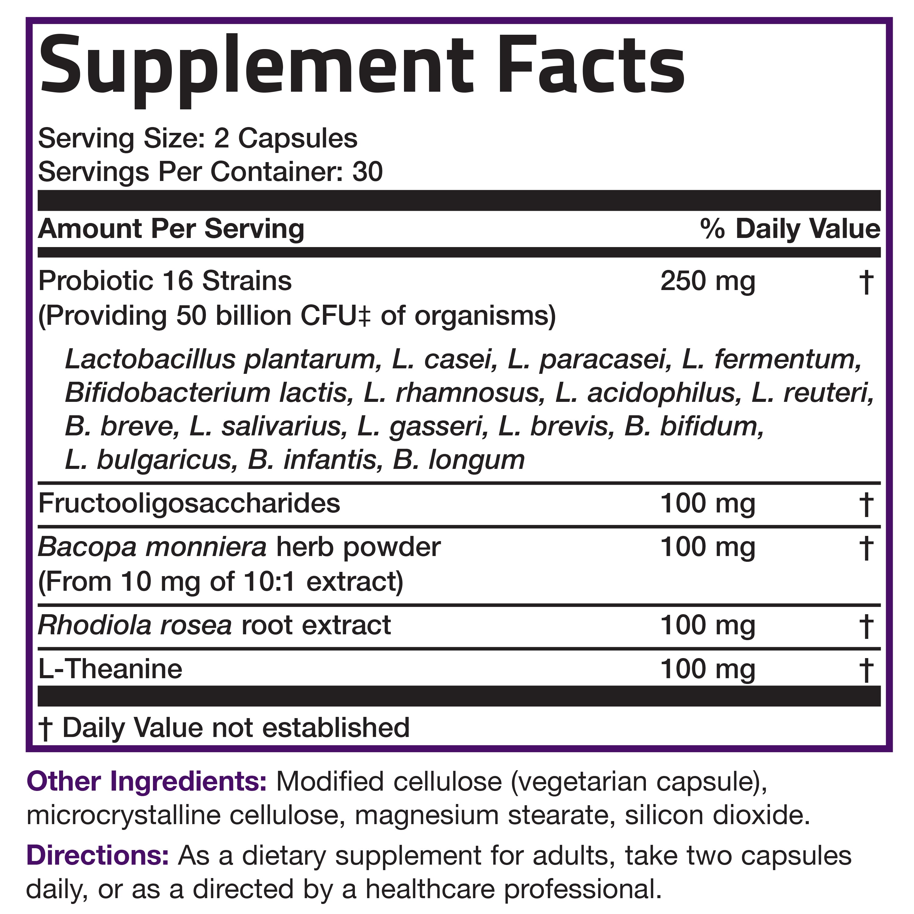 Probiotic Plus Prebiotic with L-Theanine, Bacopa & Rhodiola - 50 Billion CFU - 60 Vegetarian Capsules view 7 of 7