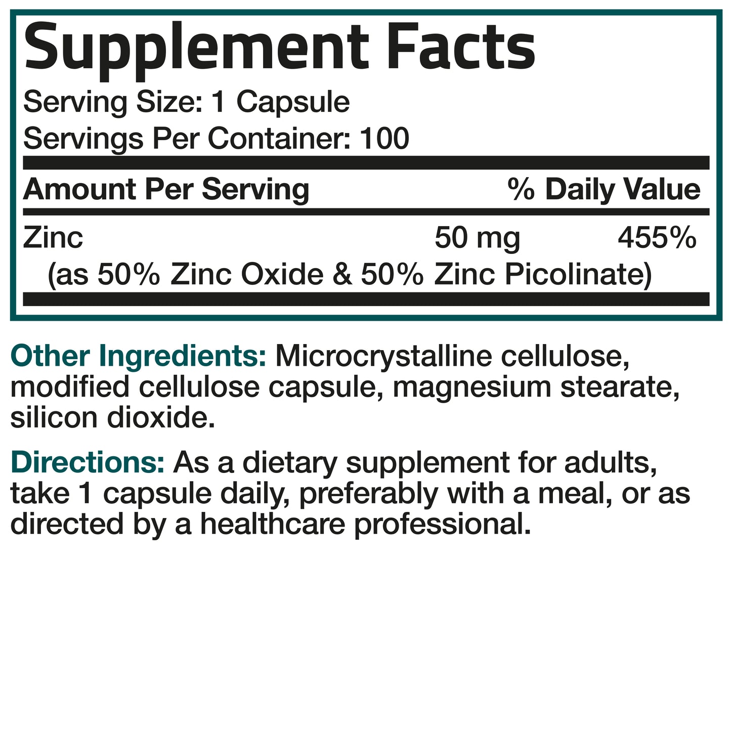 Zinc - 50 mg - 100 Vegetarian Capsules