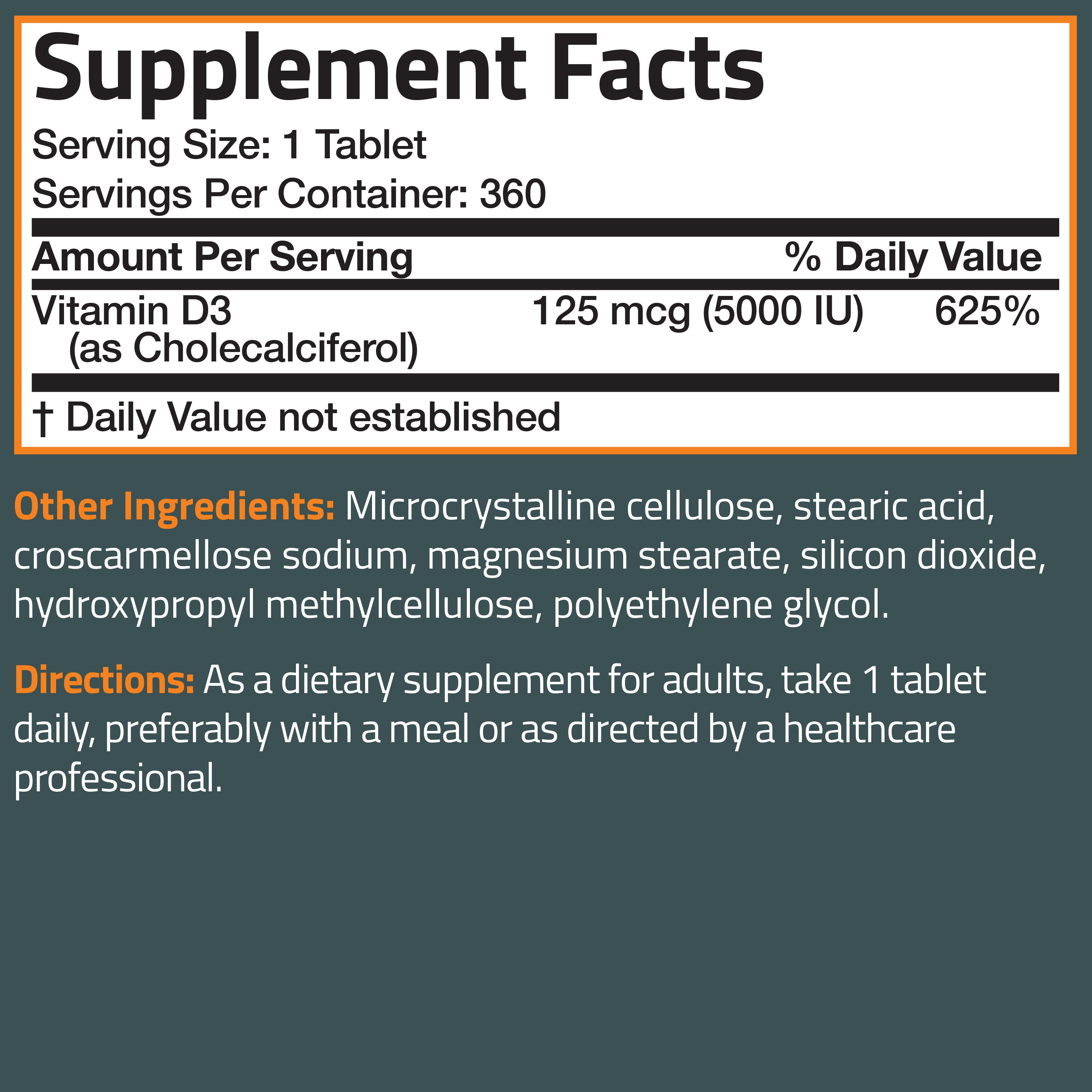 Vitamin D3 5,000 IU (125 MCG), 360 Tablets view 6 of 6