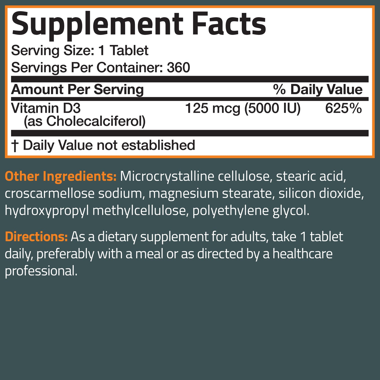 Vitamin D3 5,000 IU (125 MCG), 360 Tablets