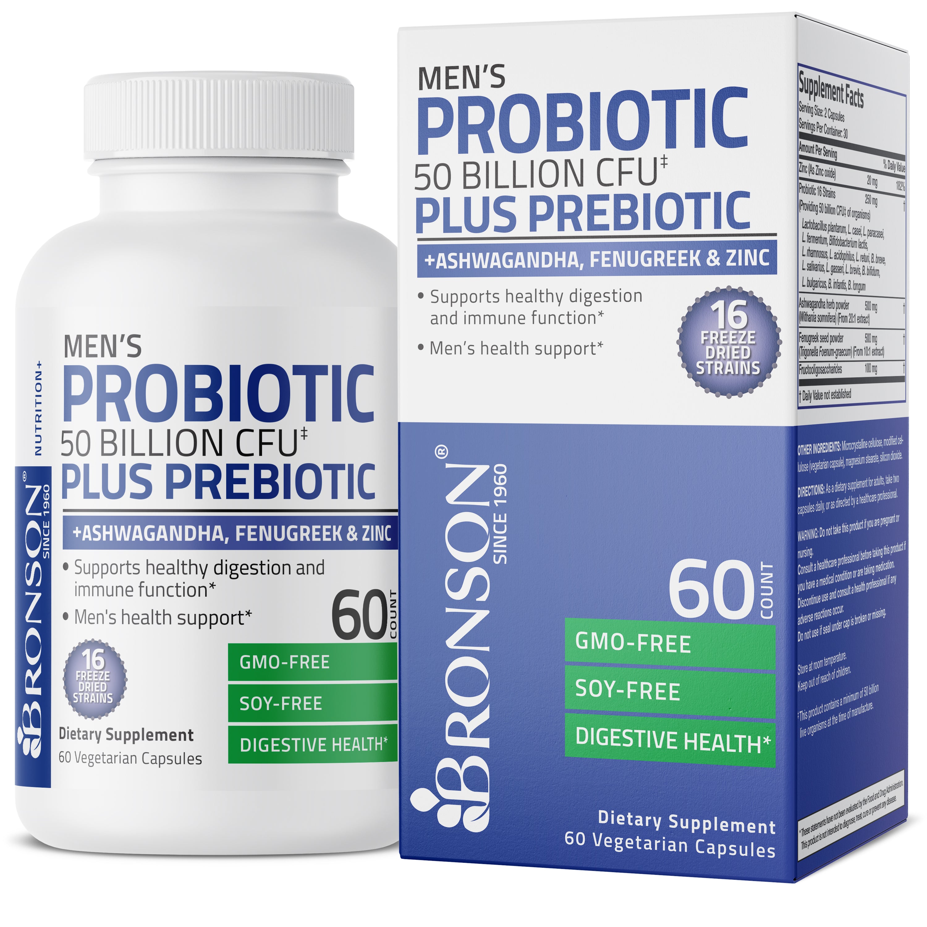 Men's Probiotic 50 Billion CFU Plus Prebiotic with Ashwagandha, Fenugreek & Zinc, 60 Vegetarian Capsules