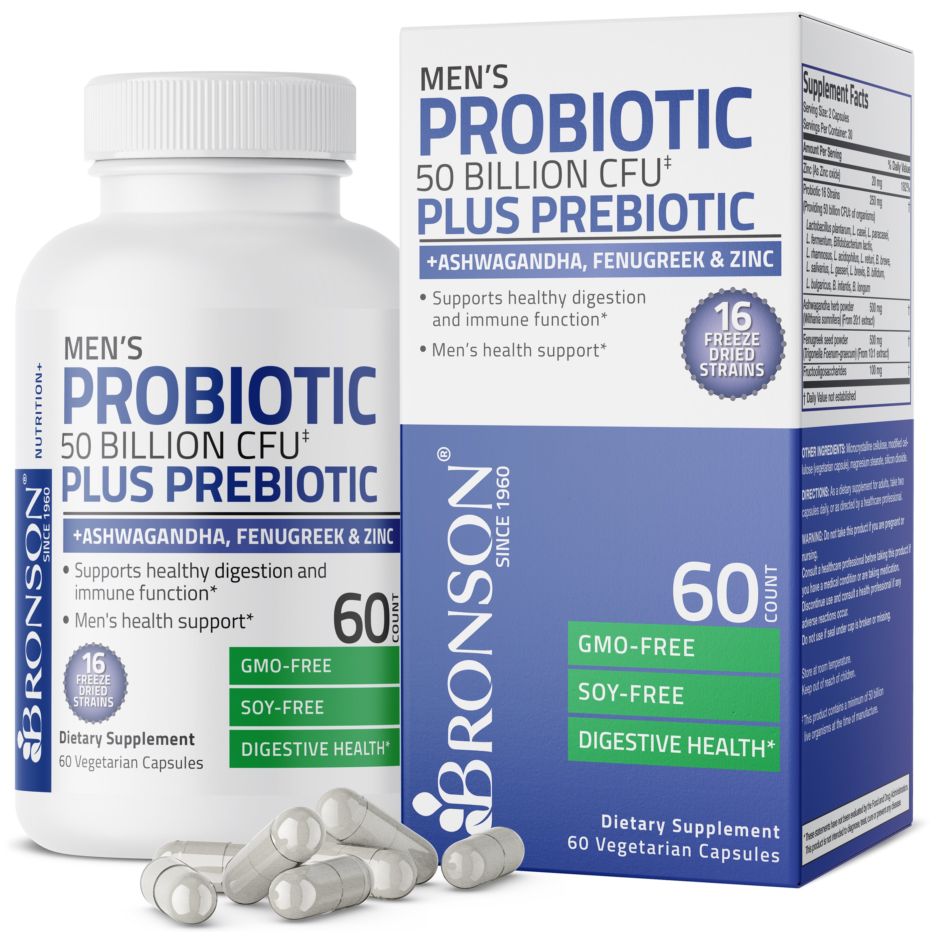 Men's Probiotic 50 Billion CFU Plus Prebiotic with Ashwagandha, Fenugreek & Zinc, 60 Vegetarian Capsules view 1 of 7