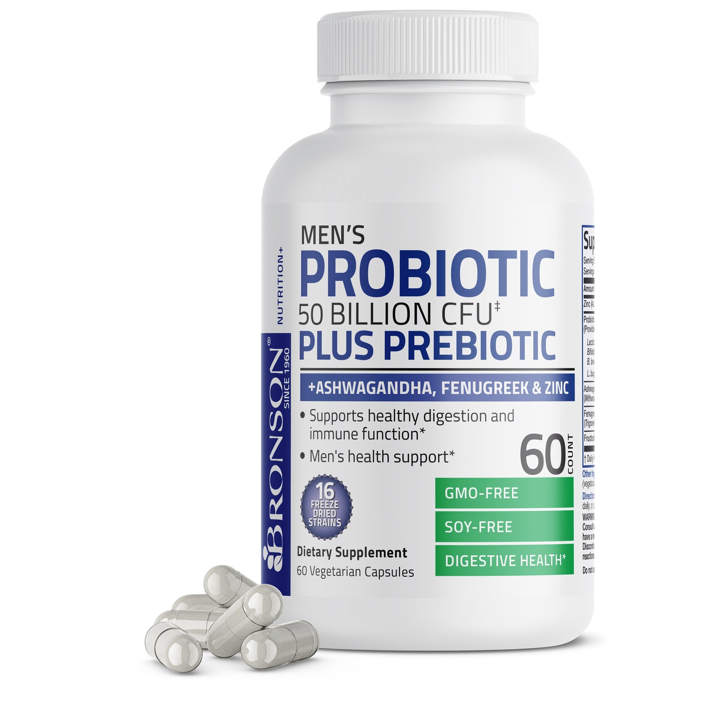 Men's Probiotic 50 Billion CFU Plus Prebiotic with Ashwagandha, Fenugreek & Zinc, 60 Vegetarian Capsules