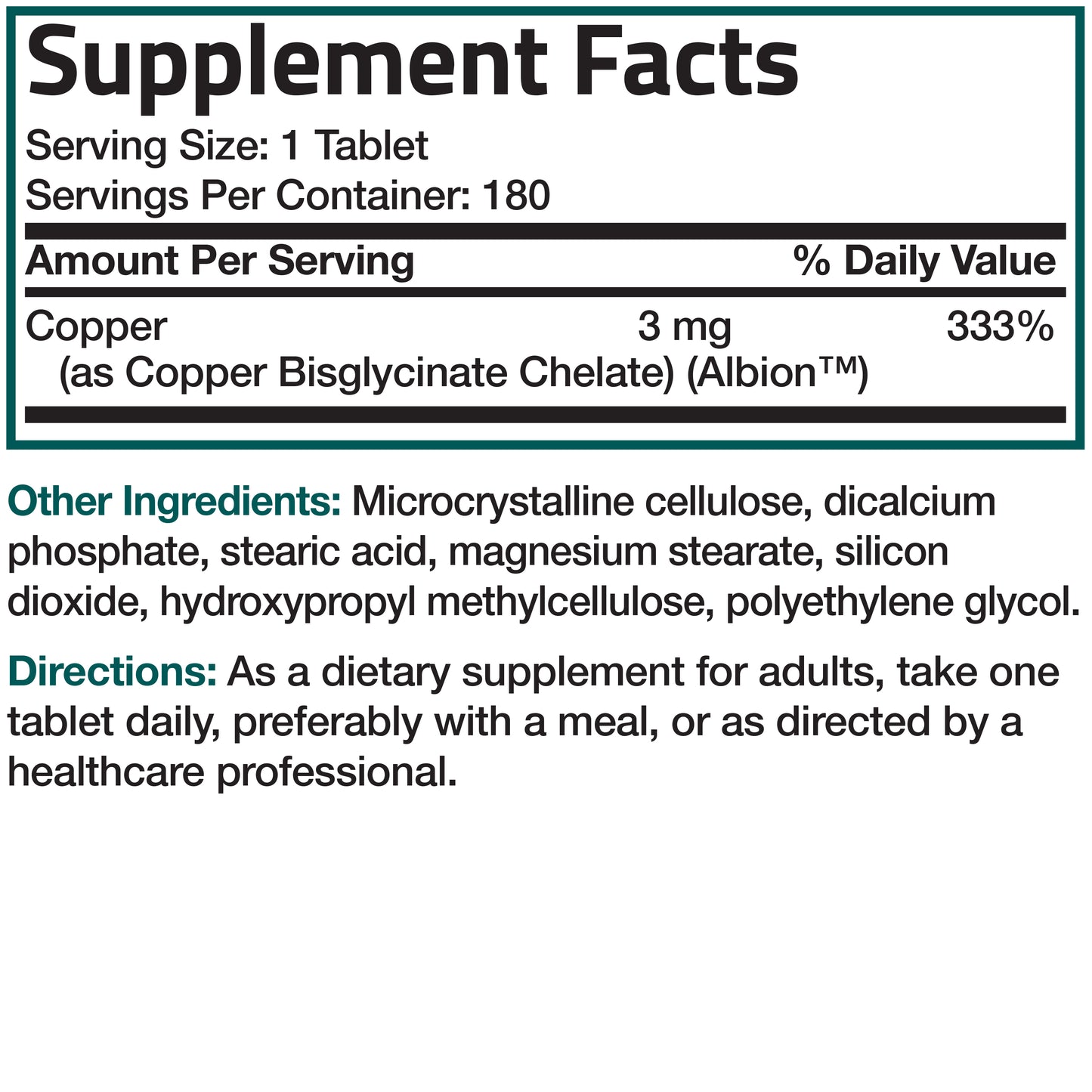 Copper Glycinate 3 MG, 180 Vegetarian Tablets