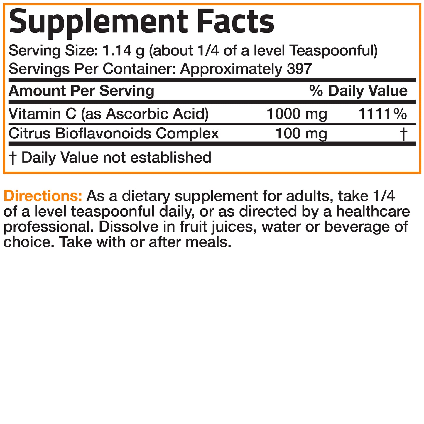 Vitamin C Ascorbic Acid Crystals with Citrus Bioflavonoids - 1,000 mg - 1 lb (454g)