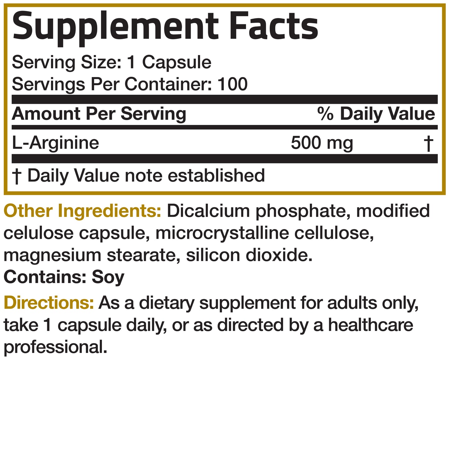 L-Arginine - 500 mg - 100 Capsules