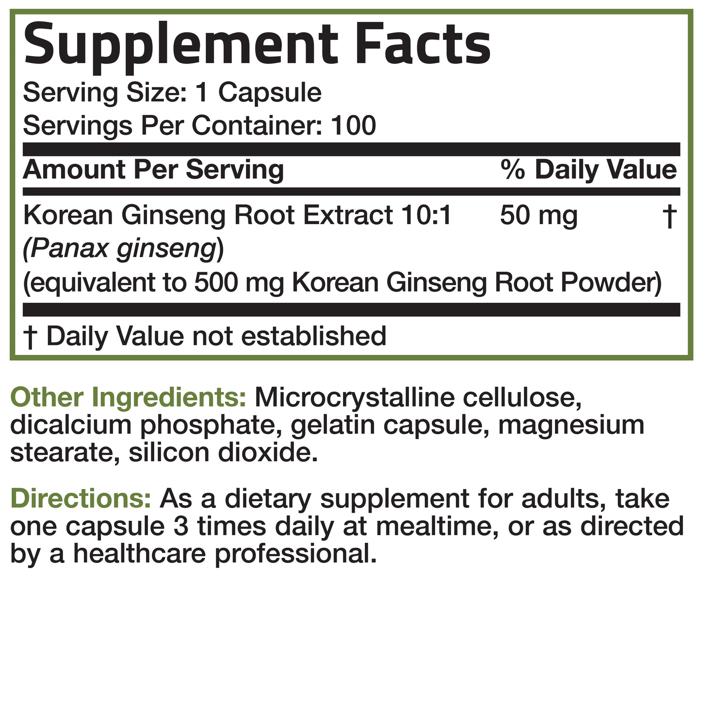 Korean Panax Ginseng Root - 500 mg, 100 Capsules