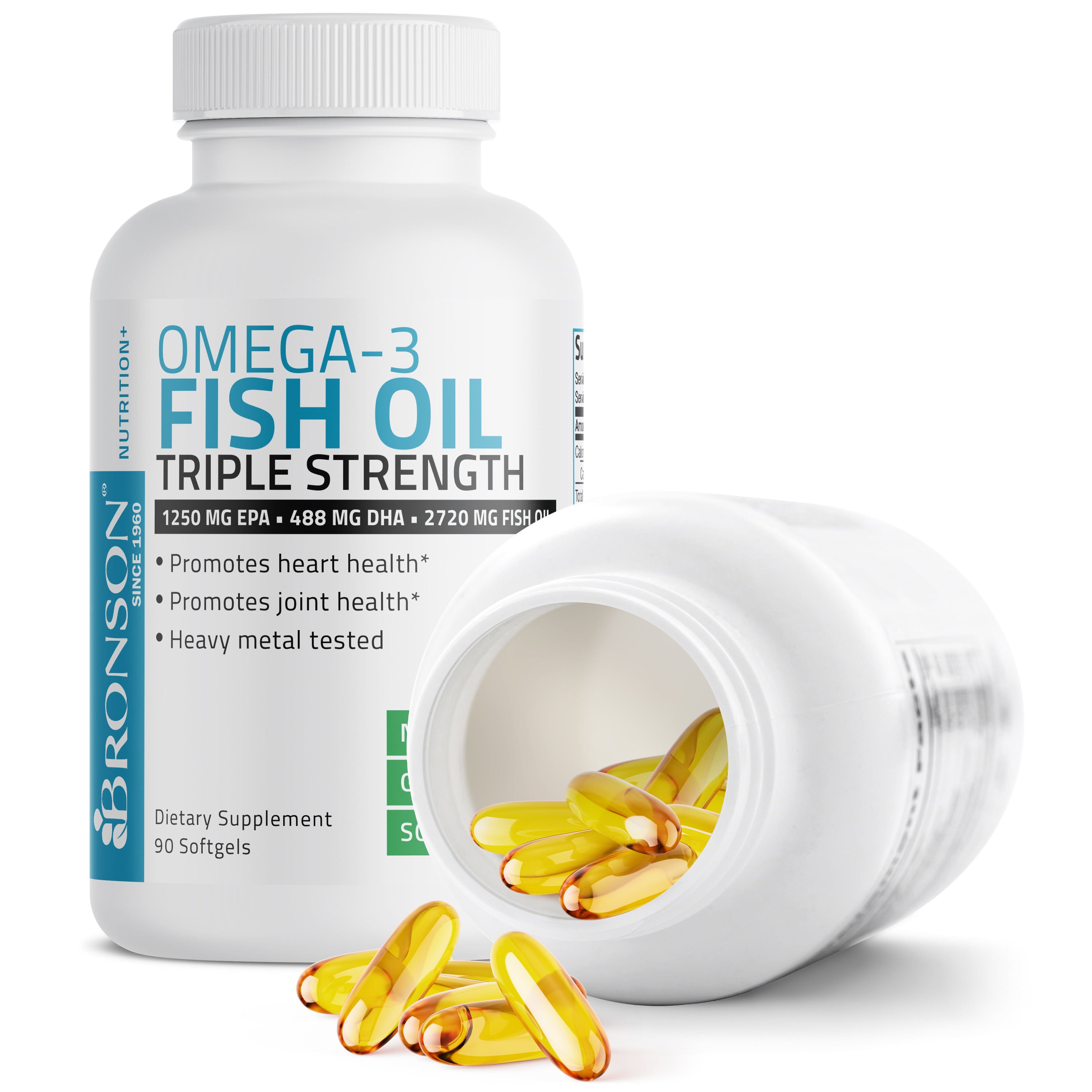 Bronson Omega 3 Fish Oil Triple Strength 2720 mg - High EPA 1250 mg DHA 488 mg - Heavy Metal Tested - Non GMO - 90 Softgels