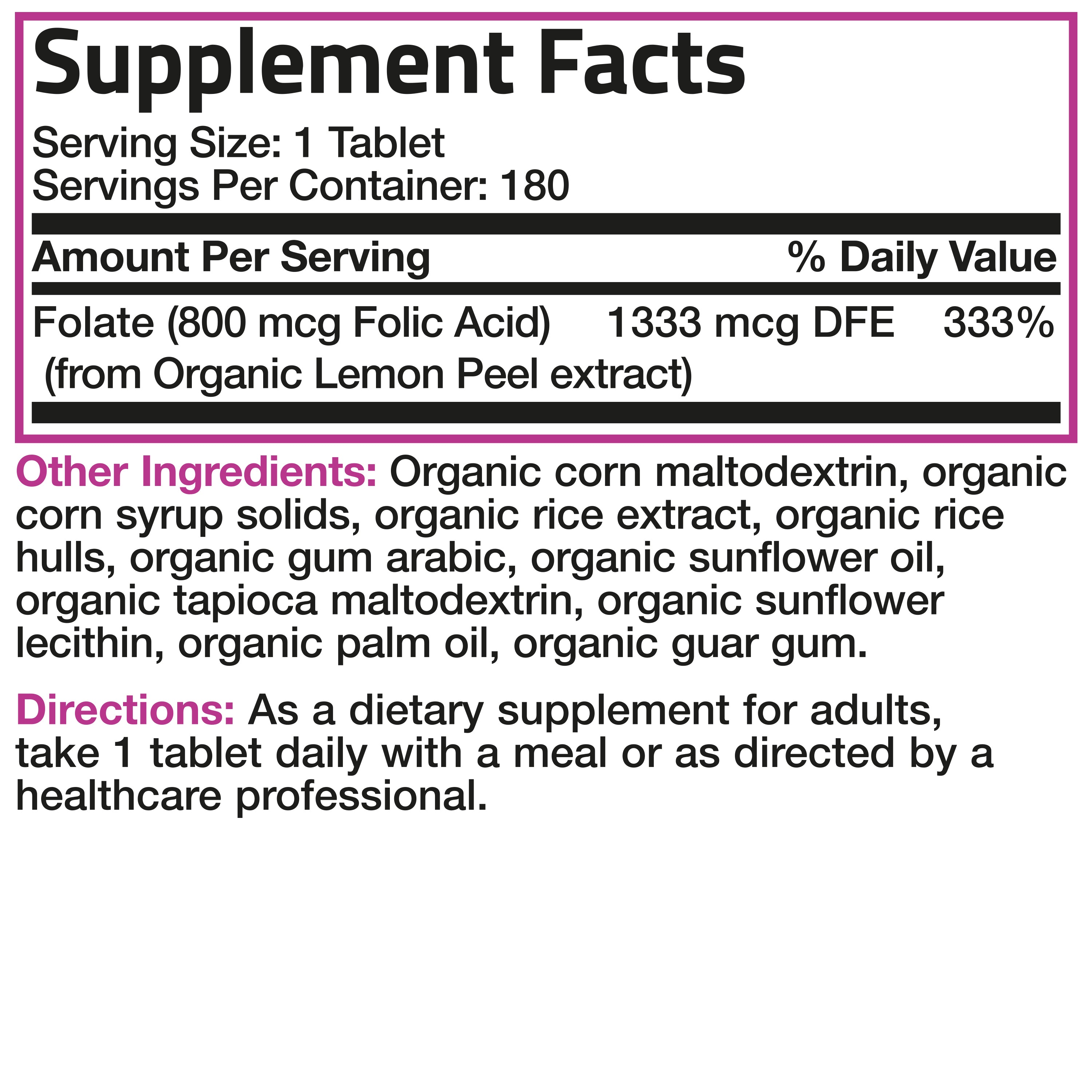 Folic Acid (Folate) Vegetarian USDA Certified Organic - 800 mcg view 6 of 6