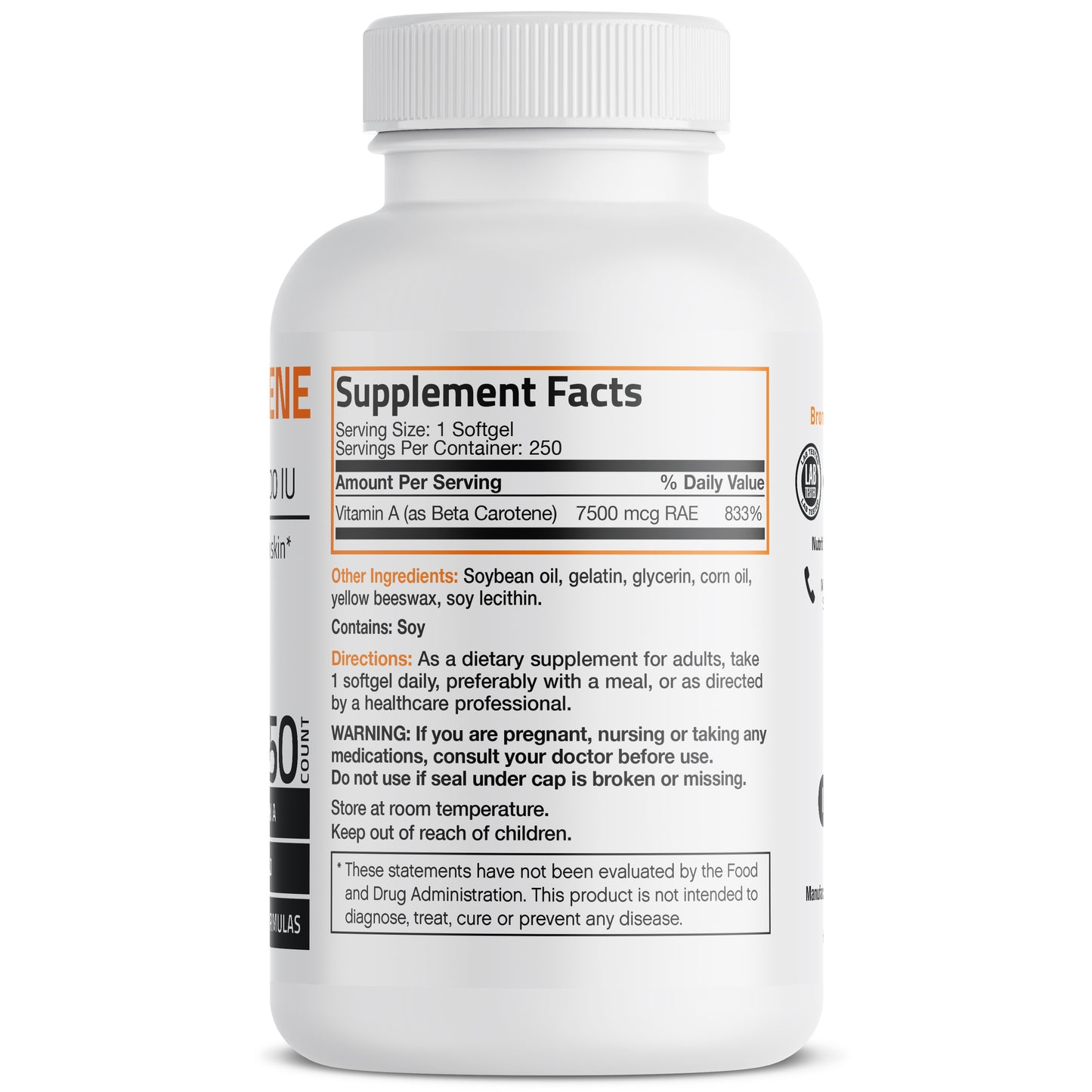 Vitamin A Beta Carotene -7,500 MCG (25,000 IU), 250 Softgels