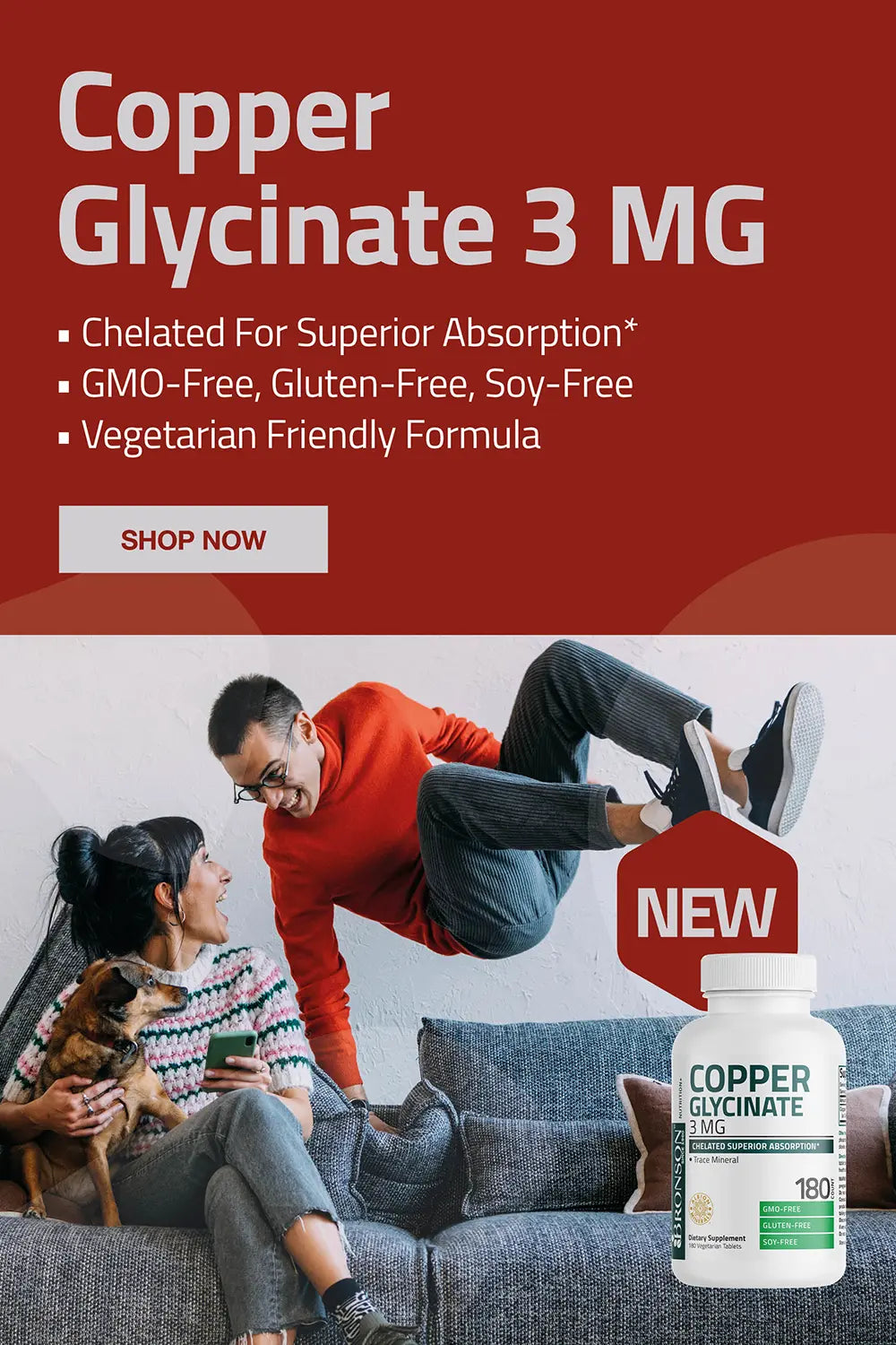 Copper Glycinate 3 mg. Chelated for superior absorption, GMO-free, gluten free, soy free, vegetarian friendly formula