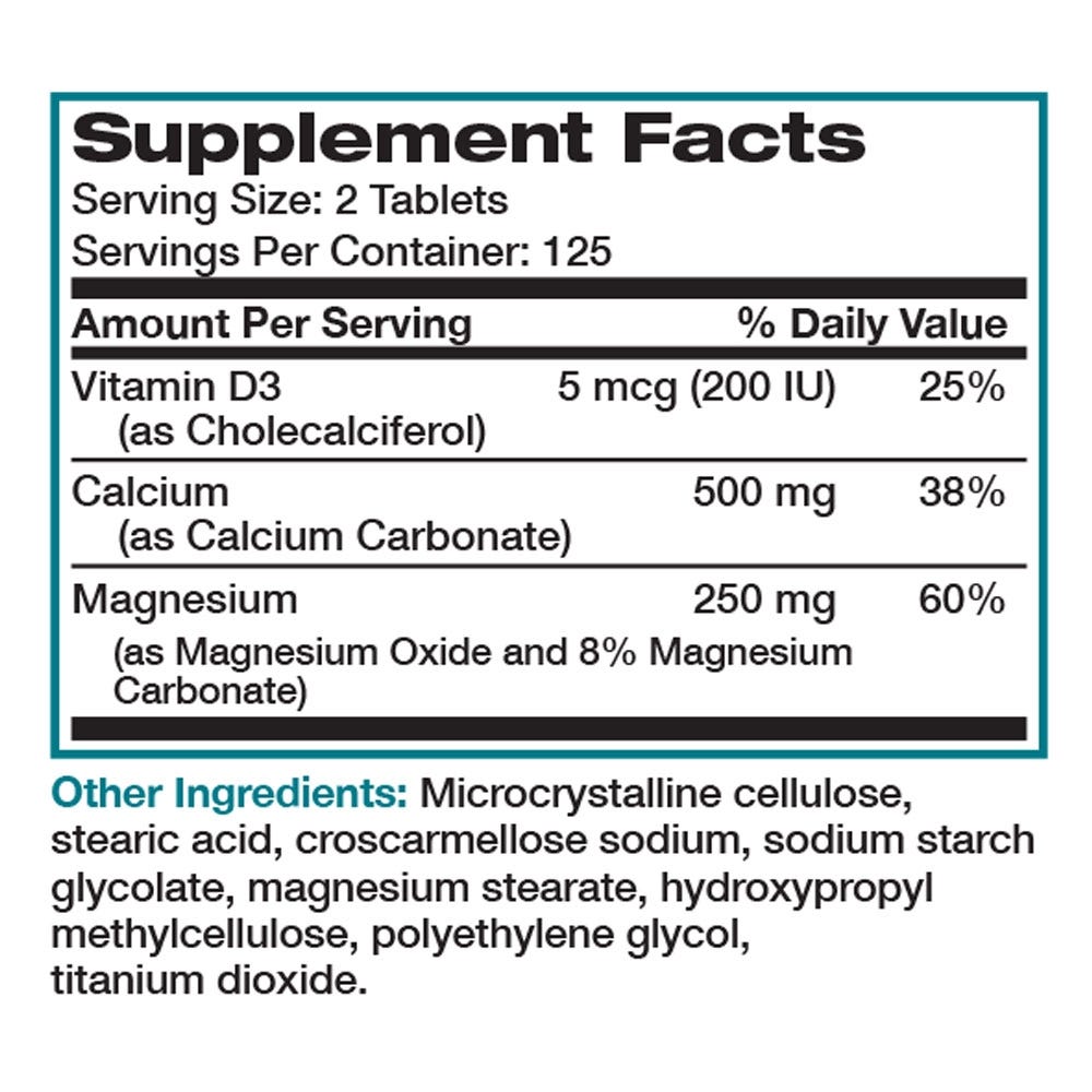 Calcium with Magnesium and Vitamin D - 250 Tablets, Item #111B, Supplement Facts Panel