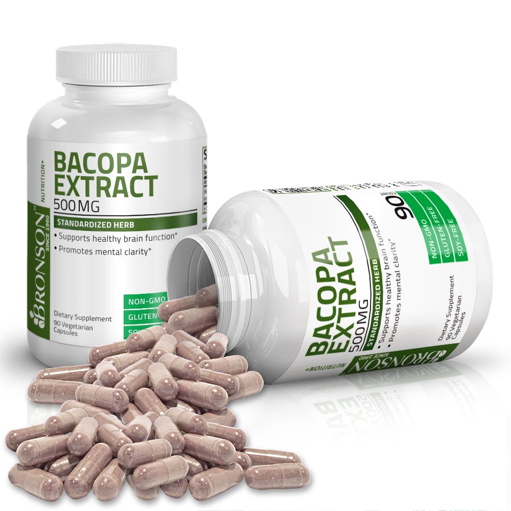 Bronson Vitamins Bacopa Monnieri Standardized Extract - 500 mg - 90 Vegetarian Capsules, Item #1135A, Two Bottles , Front Label, One Bottle on Side , Capsules Displayed