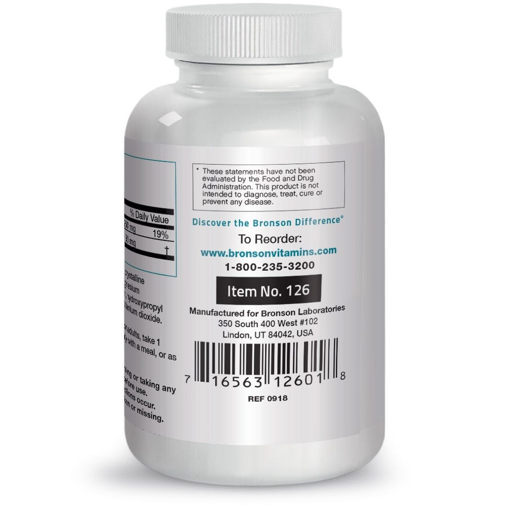 Calcium Citrate - 250 mg - 180 Tablets, Item #126, Bottle, Side Label, FDA Statement: *These statements have not been evaluated by the Food and Drug Administration. This product is not intended to diagnose, treat, cure or prevent any disease.