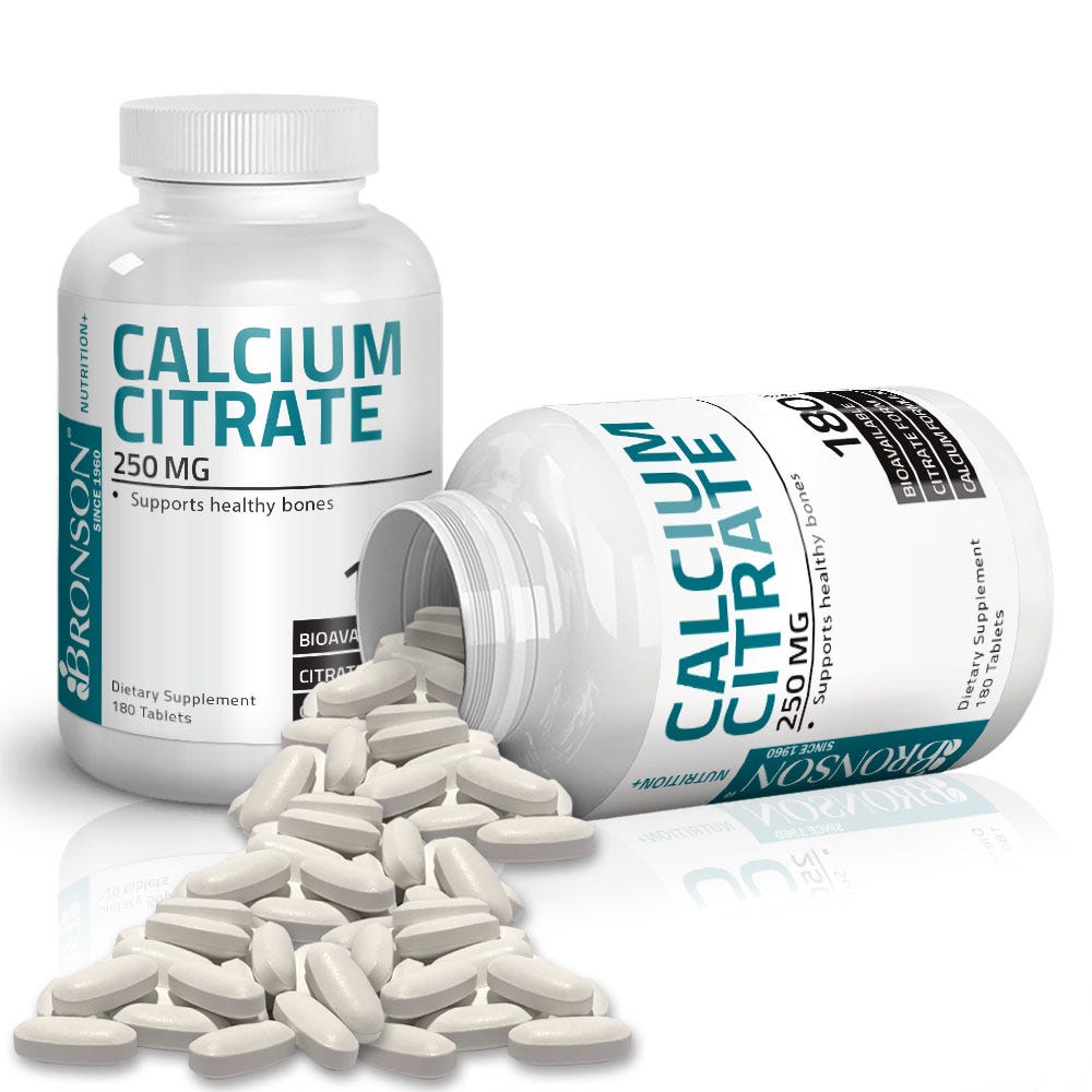 Calcium Citrate - 250 mg - 180 Tablets, Item #126, Two Bottles , Front Label, One Bottle on Side , Tablets Displayed
