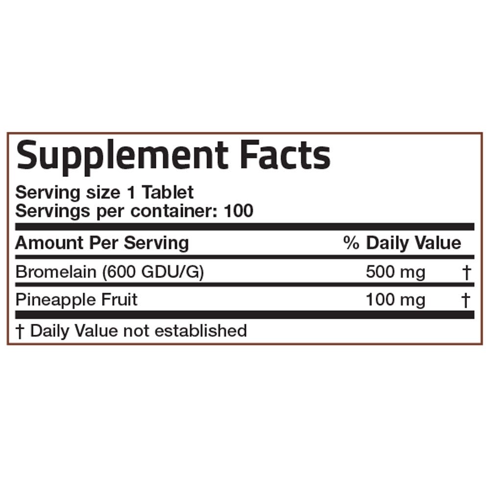 Bronson Vitamins Bromelain Proteolytic Enzyme - 500 mg - 100 Tablets, Item #137, Supplement Facts Panel