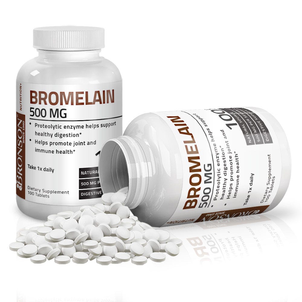 Bronson Vitamins Bromelain Proteolytic Enzyme - 500 mg - 100 Tablets, Item #137, Two Bottles , Front Label, One Bottle on Side , Tablets Displayed