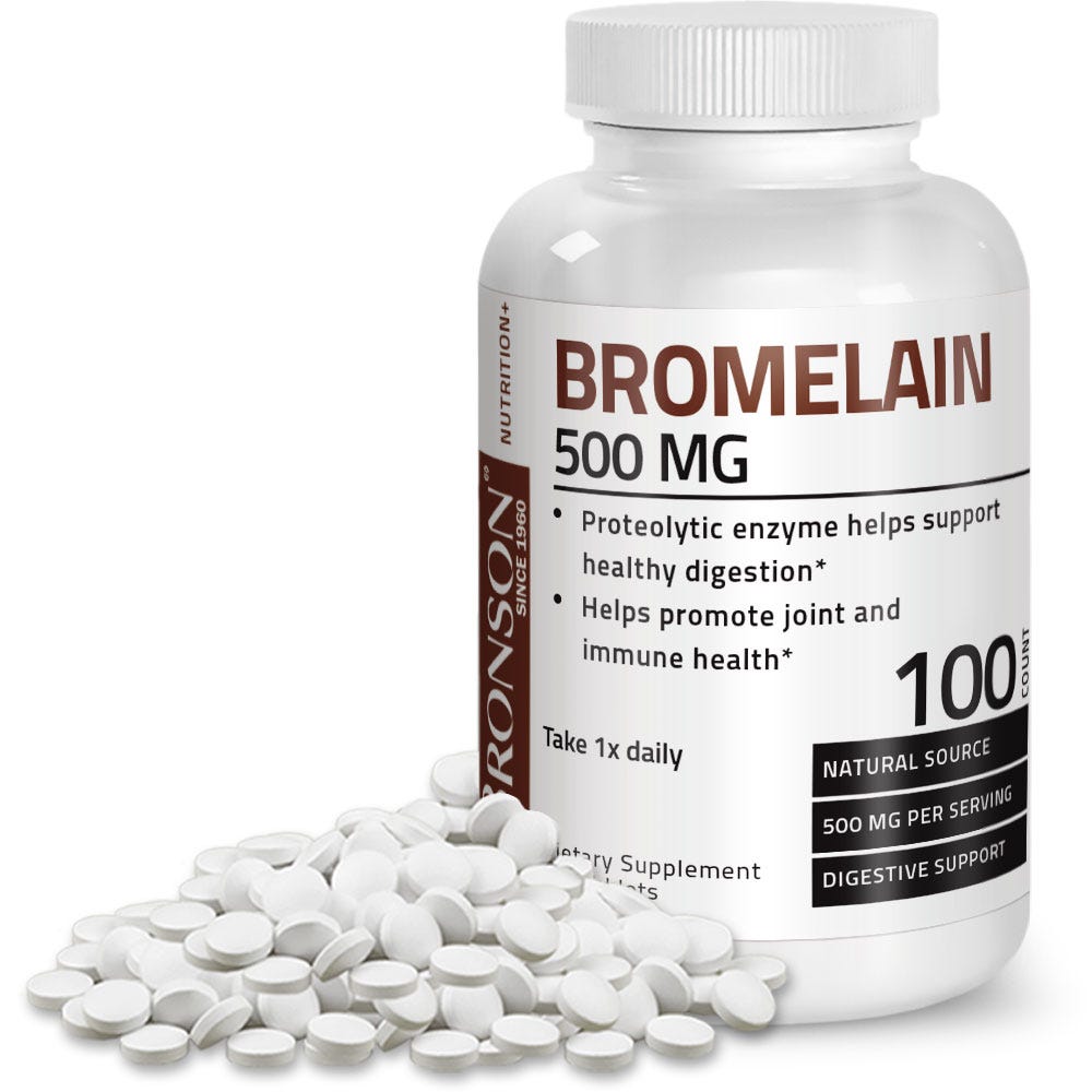 Bronson Vitamins Bromelain Proteolytic Enzyme - 500 mg - 100 Tablets, Item #137, Bottle, Front Label with Tablets