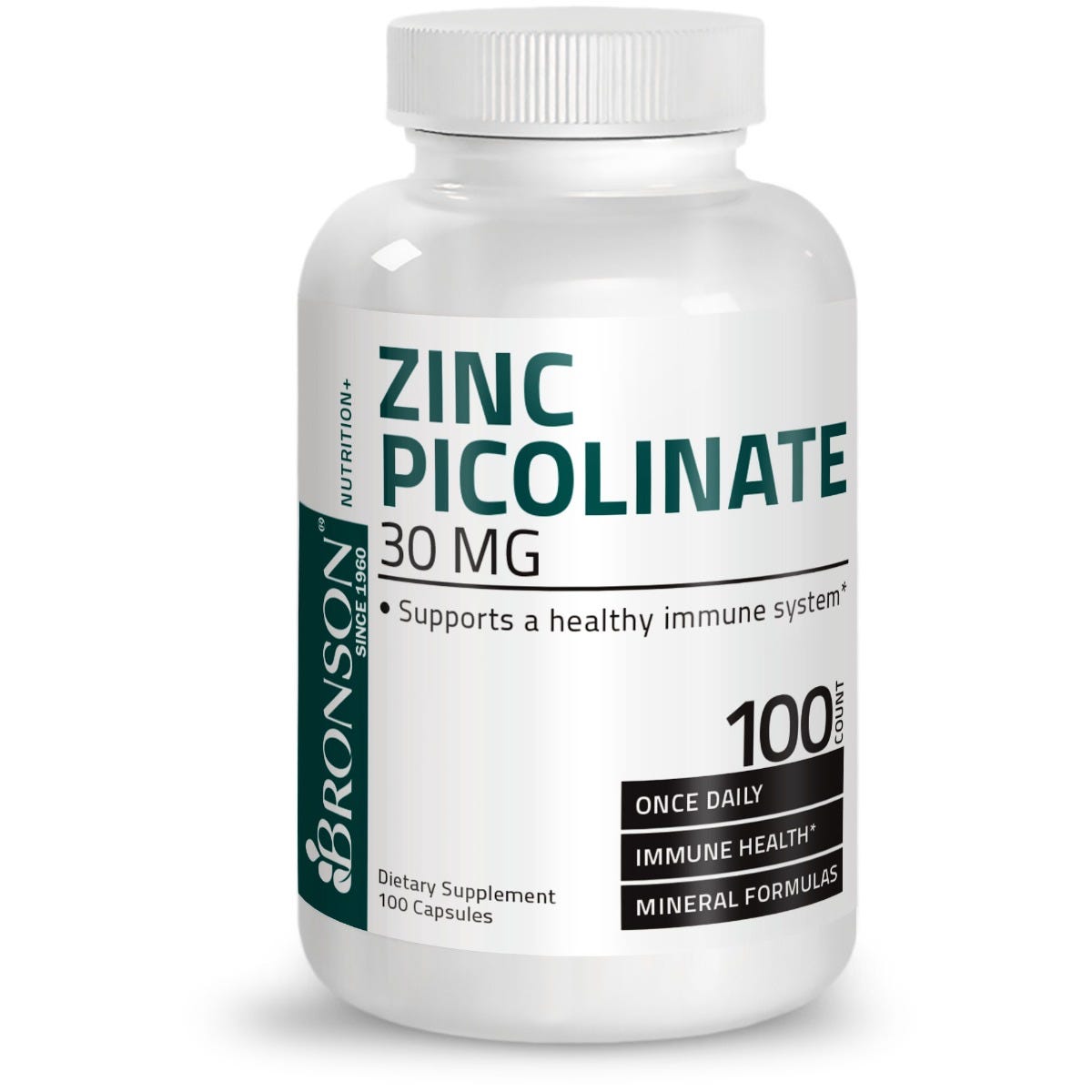 Bronson Vitamins Zinc Picolinate - 30 mg - 100 Capsules, Item #152, Bottle, Front Label