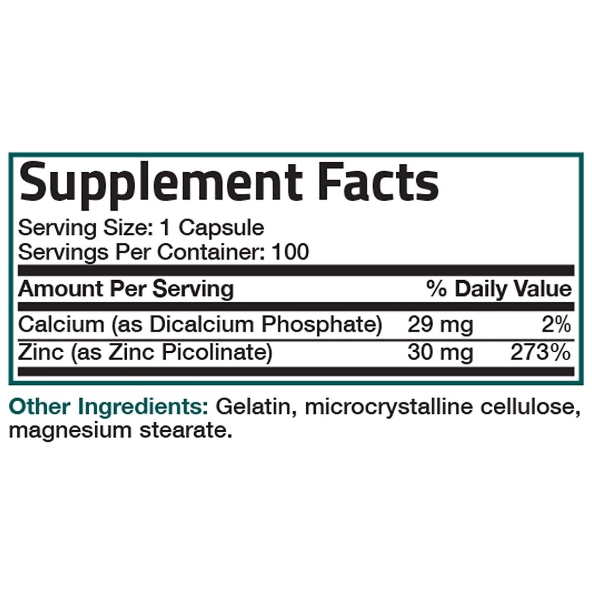 Bronson Vitamins Zinc Picolinate - 30 mg - 100 Capsules, Item #152, Supplement Facts Panel