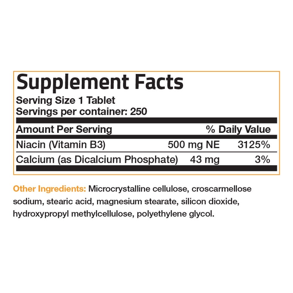 Bronson Vitamins Niacin Vitamin B3 - 500 mg - 250 Tablets, Item #165B, Supplement Facts Panel