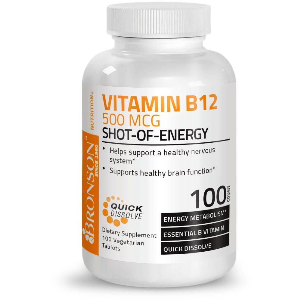 Bronson Vitamins Vitamin B12 Quick Release Sublingual - 500 mcg - 100 Tablets, Item #167A, Bottle, Front Label