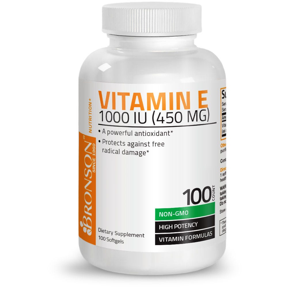 Bronson Vitamins Vitamin E Non-GMO High Potency - 1,000 IU - 100 Softgels, Item #185A, Bottle, Front Label