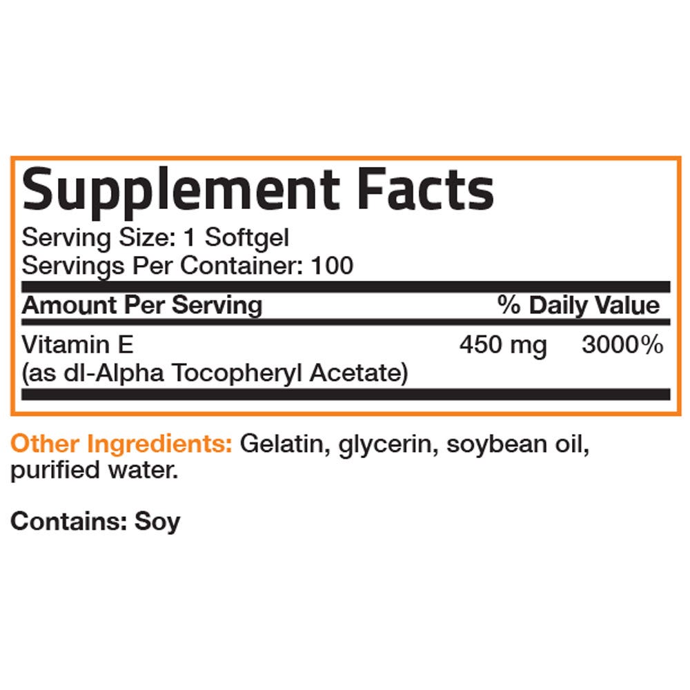 Bronson Vitamins Vitamin E Non-GMO High Potency - 1,000 IU - 100 Softgels, Item #185A, Supplement Facts Panel