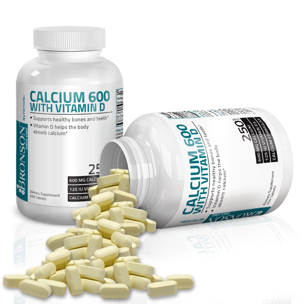 Calcium with Vitamin D - 600 mg - 250 Tablets, Item #186B, Two Bottles , Front Label, One Bottle on Side , Tablets Displayed