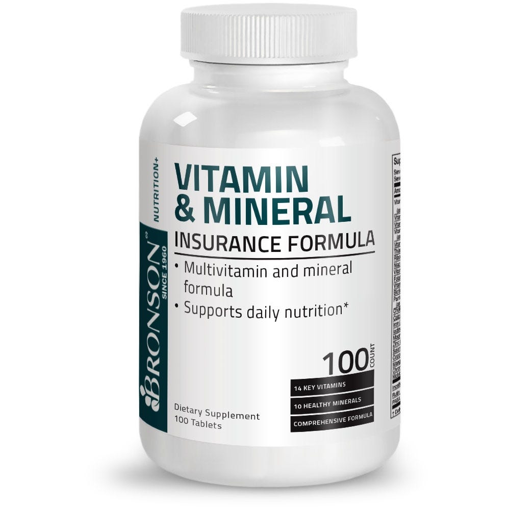 Bronson Vitamins Vitamin & Mineral Insurance Formula - 100 Tablets, Item #1A, Bottle, Front Label