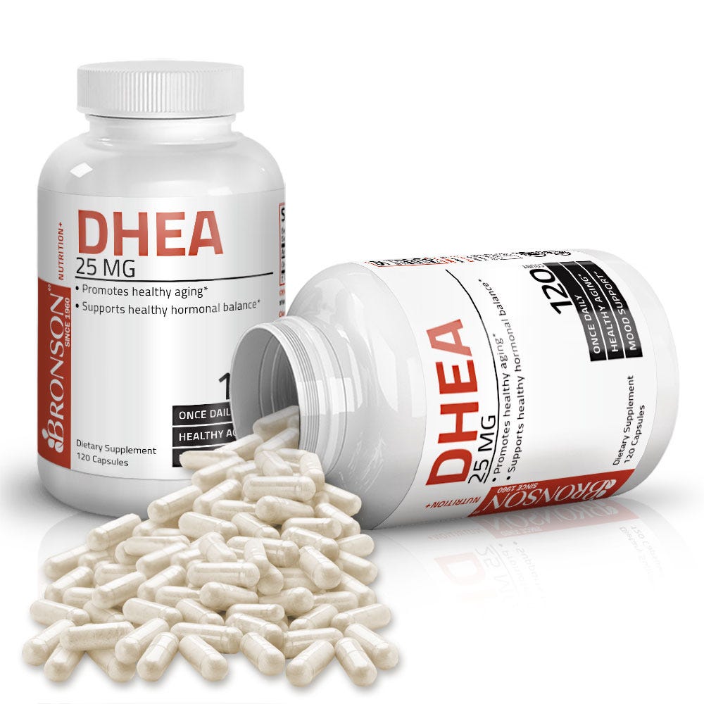 Bronson Vitamins DHEA - 25 mg - 120 Capsules, Item #225B, Two Bottles , Front Label, One Bottle on Side , Capsules Displayed