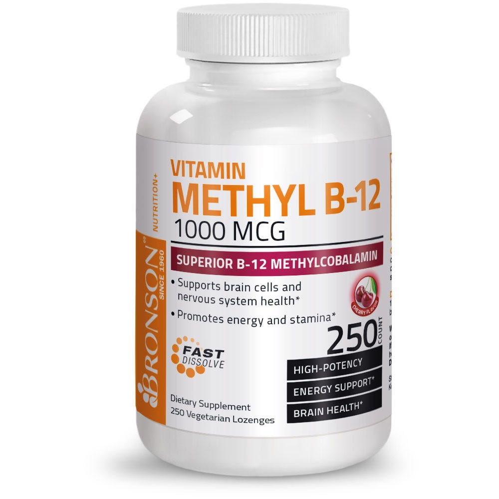Bronson Vitamins Vitamin B12 Quick Release Sublingual - Cherry - 1,000 mcg - 250 Tablets, Item #233B, Bottle, Front Label