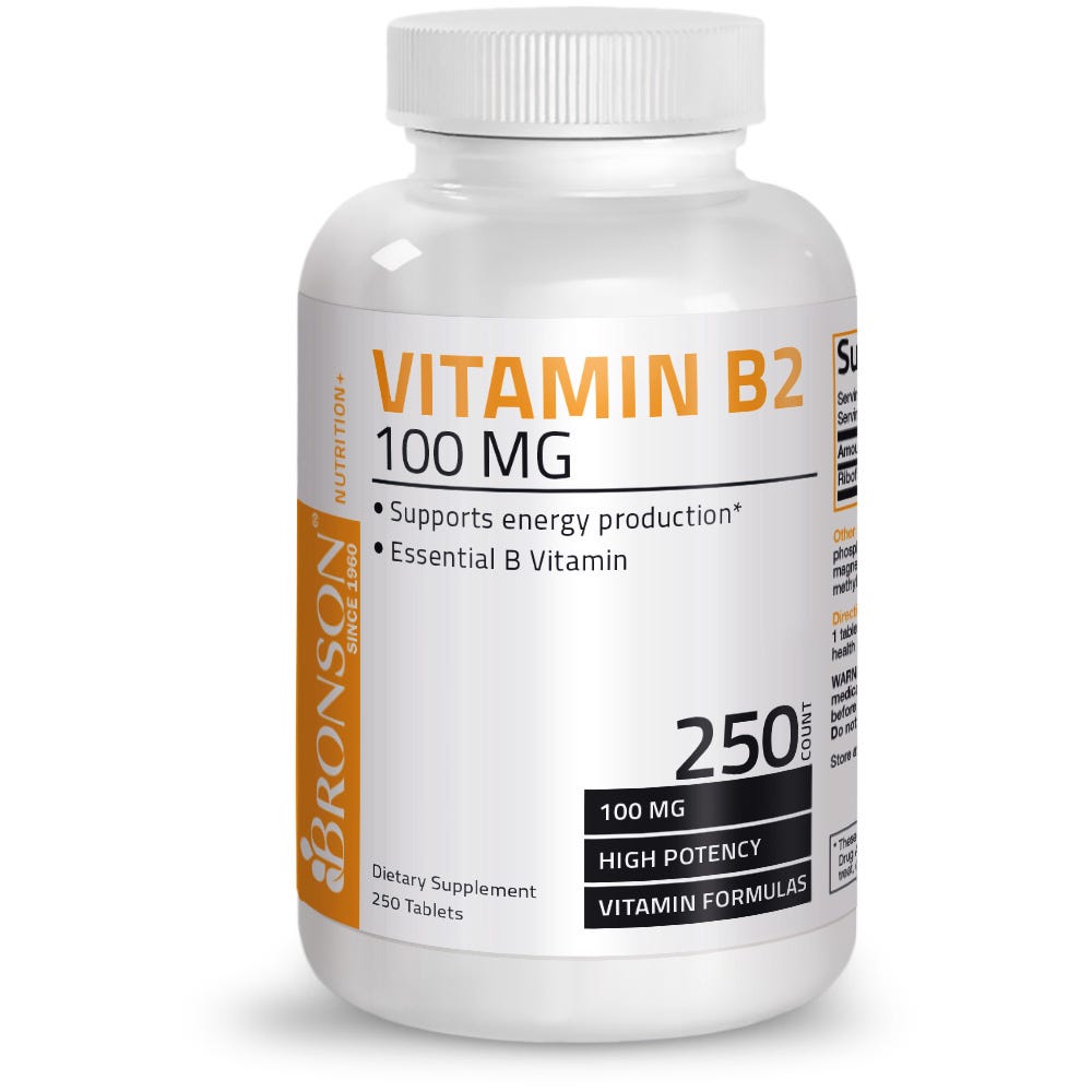 Bronson Vitamins Vitamin B2 Riboflavin - 100 mg - 250 Tablets, Item #27B, Bottle, Front Label