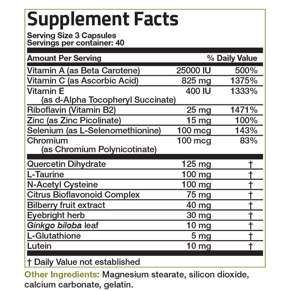 Bronson Vitamins Advanced NutriVision® Eye and Vision Formula - 120 Capsules, Item #356, Supplement Facts Panel