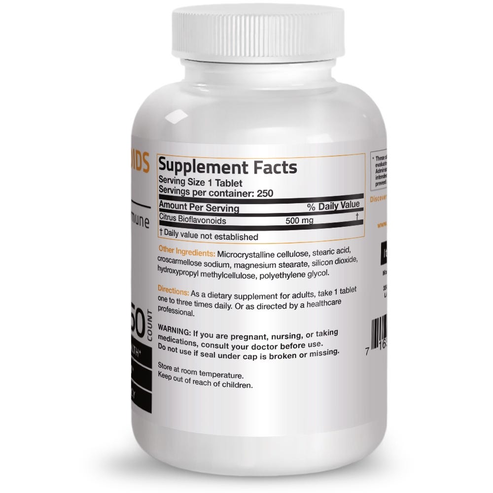 Bronson Vitamins Citrus Bioflavonoids - 500 mg - 250 Tablets, Item 42B, Bottle, Side Label, Supplement Facts