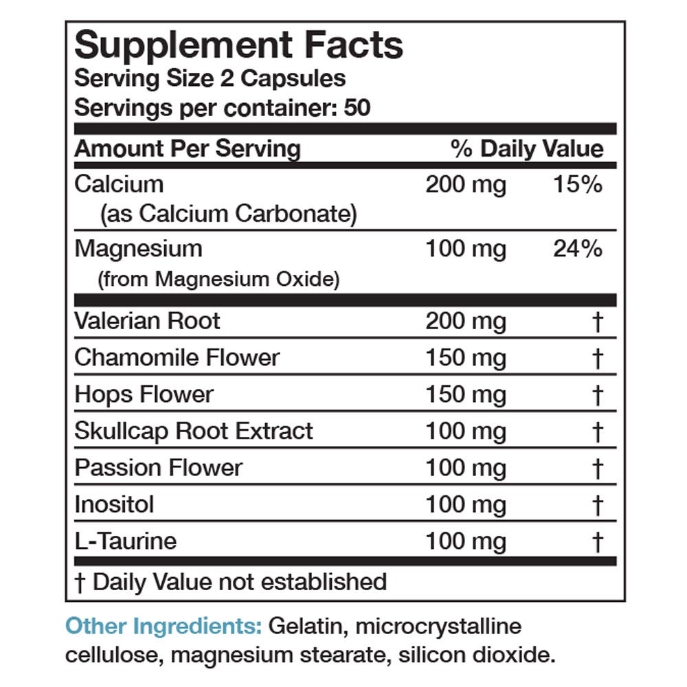 Bronson Vitamins Herbal Sleep Aid with Valerian - 100 Capsules, Item #456, Supplement Facts Panel