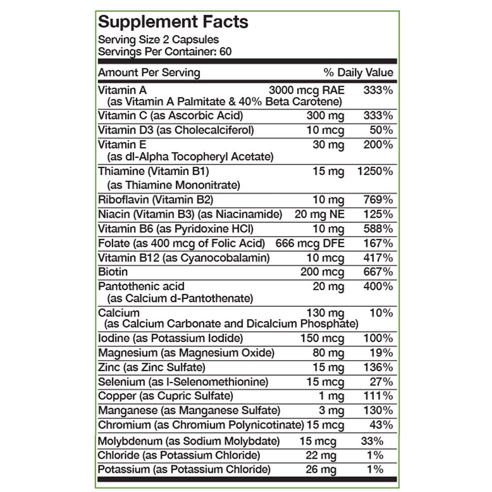 Bronson Vitamins Therapeutic Formula Once Daily Multivitamin No Iron - 120 Capsules , Supplement Facts Panel