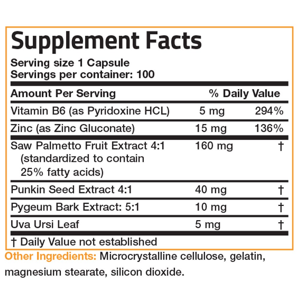Bronson Vitamins Prosta Health™ Prostate Formula - 100 Capsules, Item #512A, Supplement Facts Panel