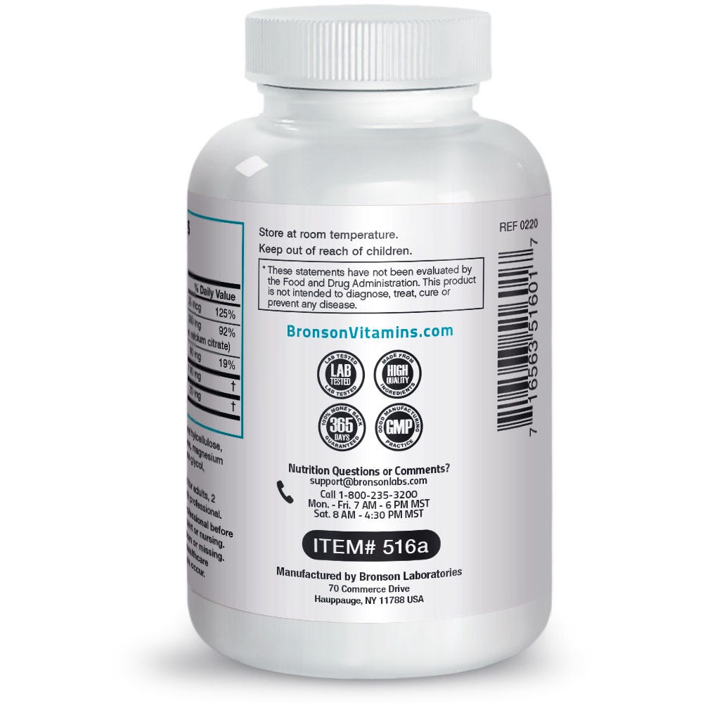 Bronson Vitamins AsorboCal Calcium Magnesium and Vitamin D-3 1,200 mg - 120 Tablets, Item #516A, Bottle, Side Label, FDA Statement