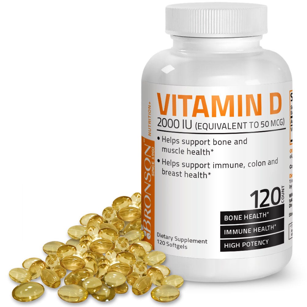 Bronson Vitamins Vitamin D3 - 2,000 IU - 120 Softgels, Item #660A, Bottle, Front Label with Softgels