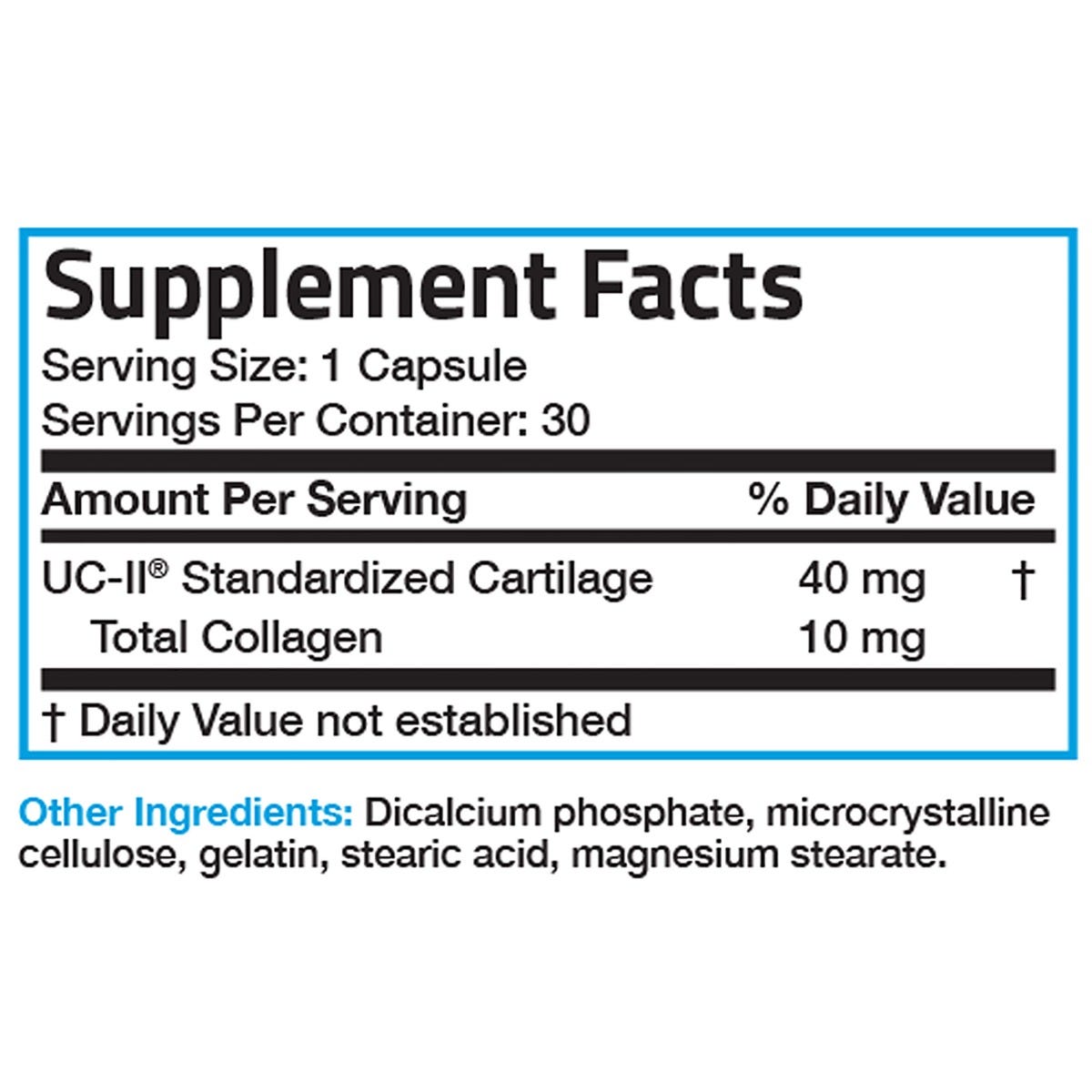 Bronson Vitamins UC-II® Collagen with Undenatured Type II Collagen - 30 Capsules, Item #681A, Supplement Facts Panel