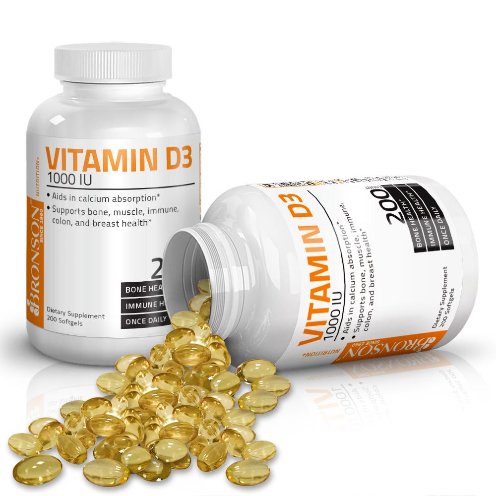 Bronson Vitamins Vitamin D3 - 1,000 IU - 200 Softgels, Item #844B, Two Bottles , Front Label, One Bottle on Side, Softgels Displayed