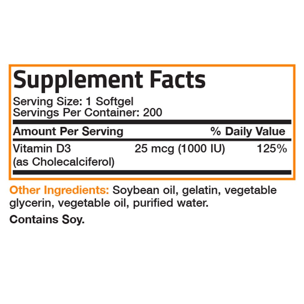 Bronson Vitamins Vitamin D3 - 1,000 IU - 200 Softgels, Item #844B, Supplement Facts Panel