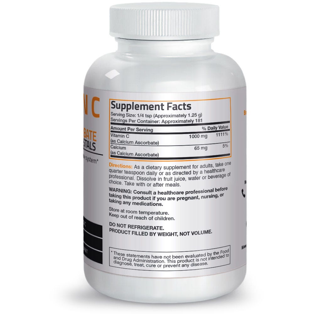 Bronson Vitamins Vitamin C Non-Acidic Calcium Ascorbate Crystals - 1,000 mg - 8 oz (227g), Item #84A, Bottle, Back Label, Supplement Facts, Other Ingredients, Directions and Warnings