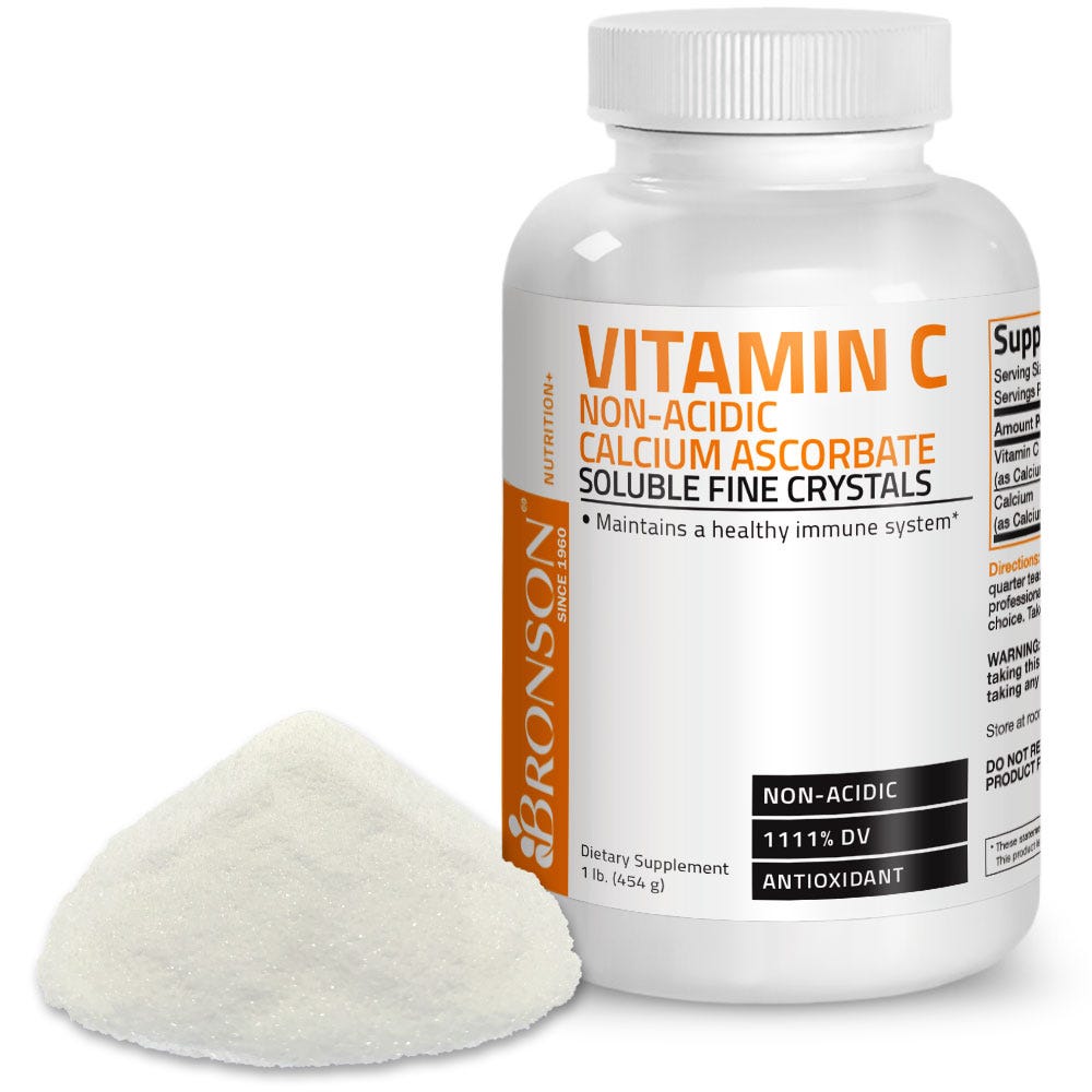 Bronson Vitamins Vitamin C Non-Acidic Calcium Ascorbate Crystals - 1,000 mg - 1 lb (454g) Item #84B, Bottle, Front Label with Small Pile of Granules